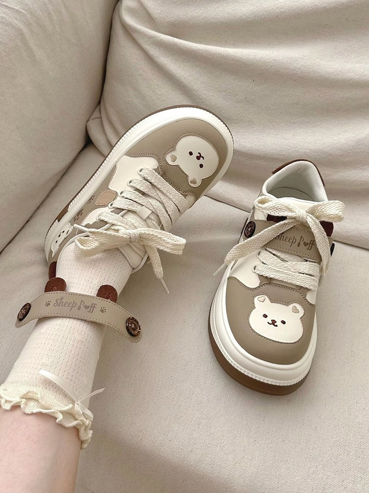Lolita - Bear with Velcro Detachable Platform Sweet Theme Sneakers Paw Prints Brown