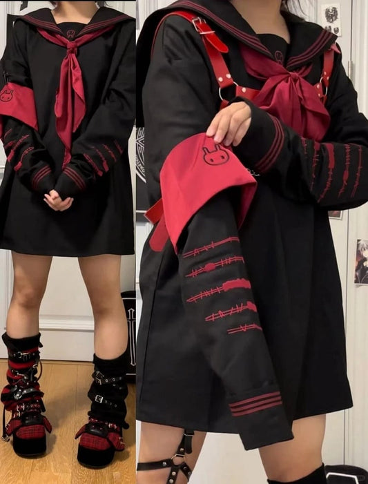 with Bunny Colors Style Landmine Embroidery in Collar 4 Sailor Sleeve Top Long Scar