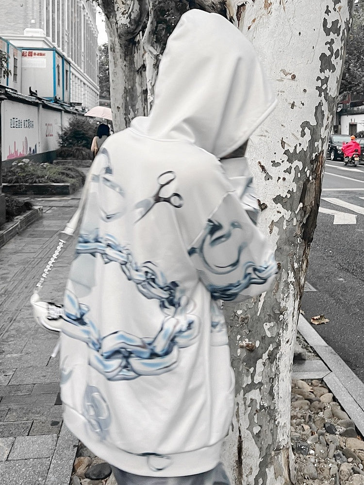 パーカーとサイバーパンクなシザーのホワイトプリントチェーン