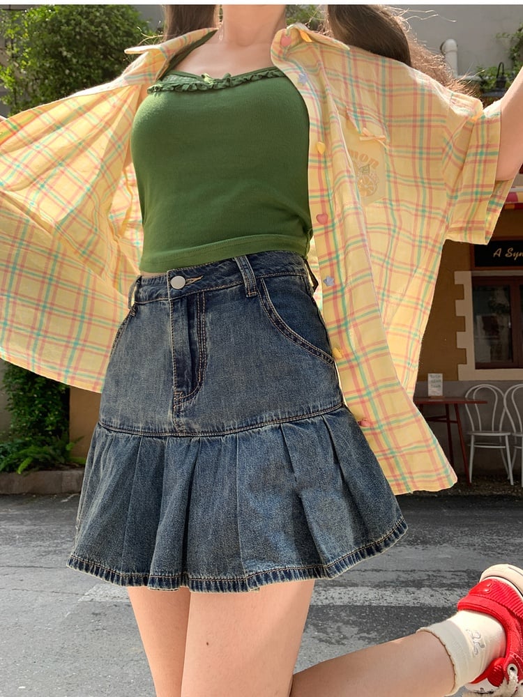 ウエストプリーツデニムスカート ブルーハイ