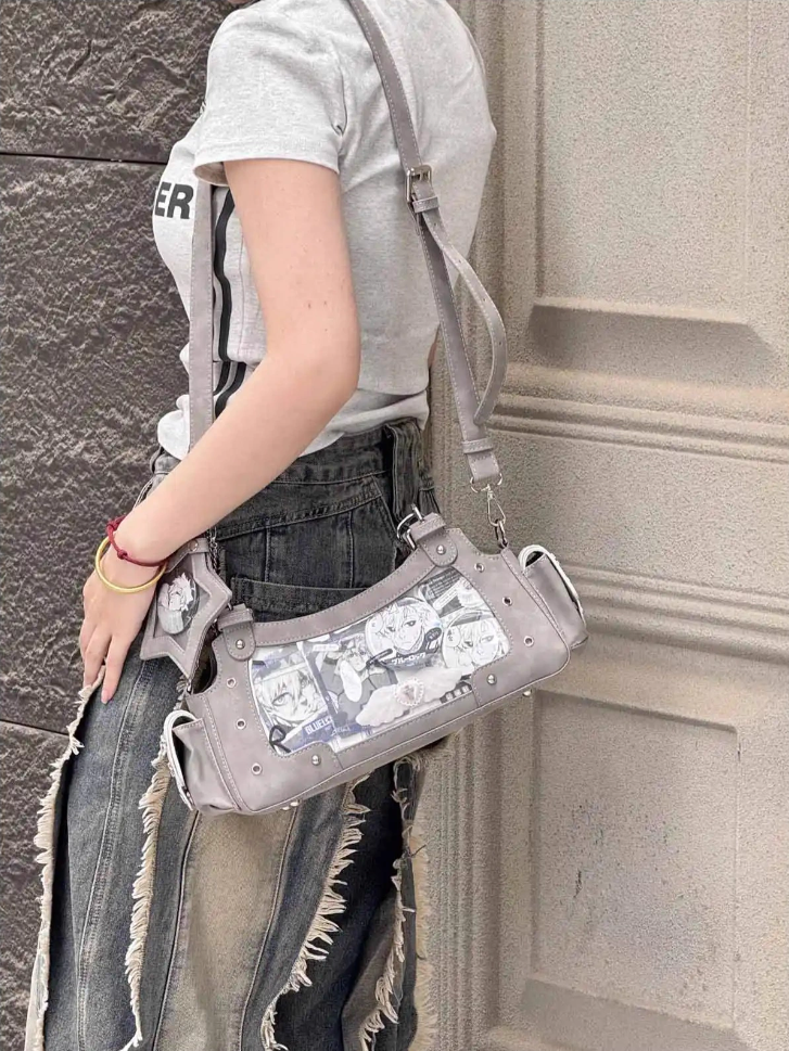 Gray Y2K Ita Star Shoulder PU Charm Bag With
