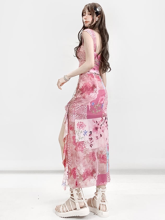 Bittersweet Floral Leopard Print Dress Thigh-high Pink Slit Glamorous