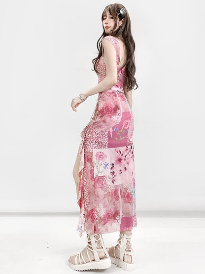 Bittersweet Floral Leopard Print Dress Thigh-high Pink Slit Glamorous