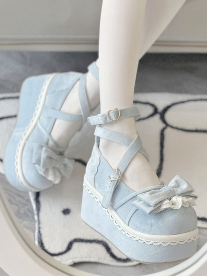 Mary Lace-Trimmed Velvet Bow Sweet Lolita Platform Blue Janes -
