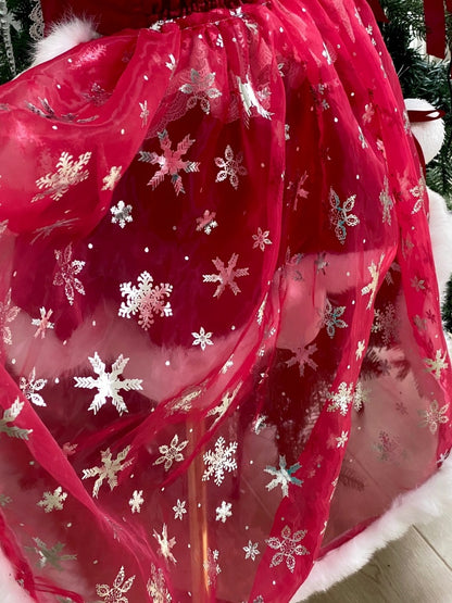 Schneeflockenzug mit rotem Plüschbesatz