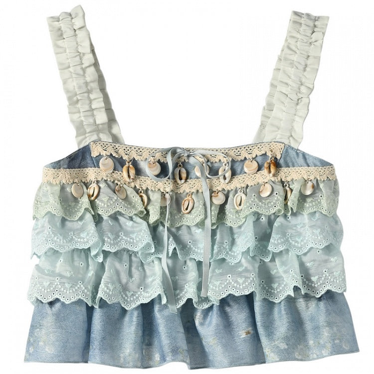 ノースリーブトップ シェルチャーム ティアードフリル ブルー