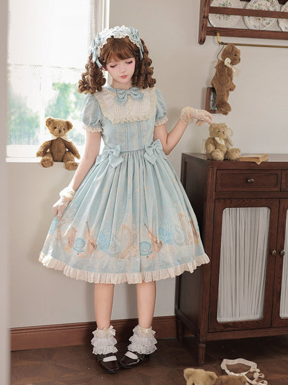 Lolita OP Dress with Blue Sea Concert Floral Print, Puff Sleeves, Bowknots & Ruffle Trim - Cheese Bear