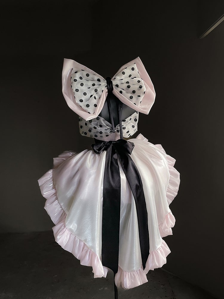 Satin Off-the-Shoulder Dress with and Large Bow Detail Dot Pink Princess Balletcore Polka