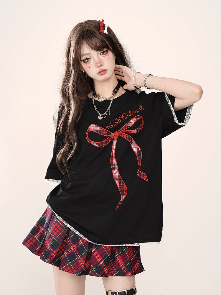 Black Oversized Lace-Trim T-Shirt with Embroidered Lettering  Plaid Bow Accent