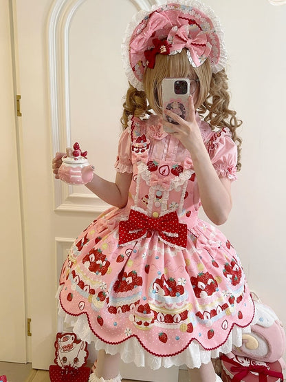 und süßer Dessert-Overall, rosa Lolita-Erdbeerkleid-Print