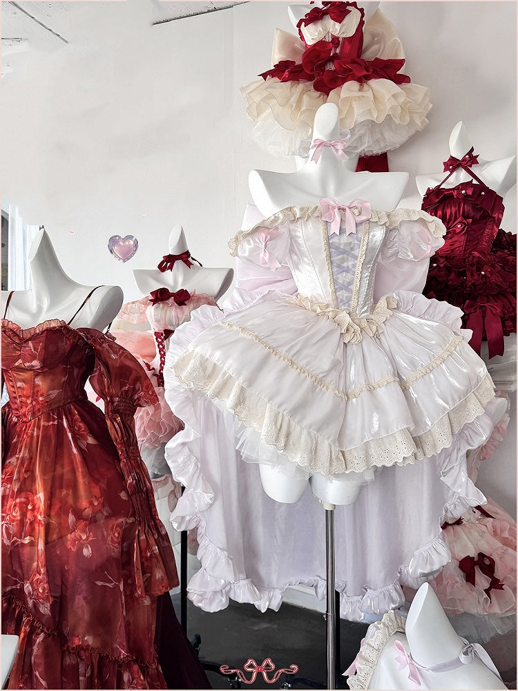 軽いドレススクエアネックラインとショートパフスリーブスイートロリータプリンセスパープルパフィー