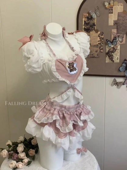 Pink Bear Heart Maid Costume Set - Cute Ruffle Sleepwear