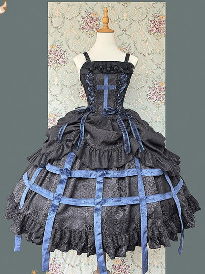 Cross JSK Accents with Gothic Black Birdcage Lolita and Blue Dress