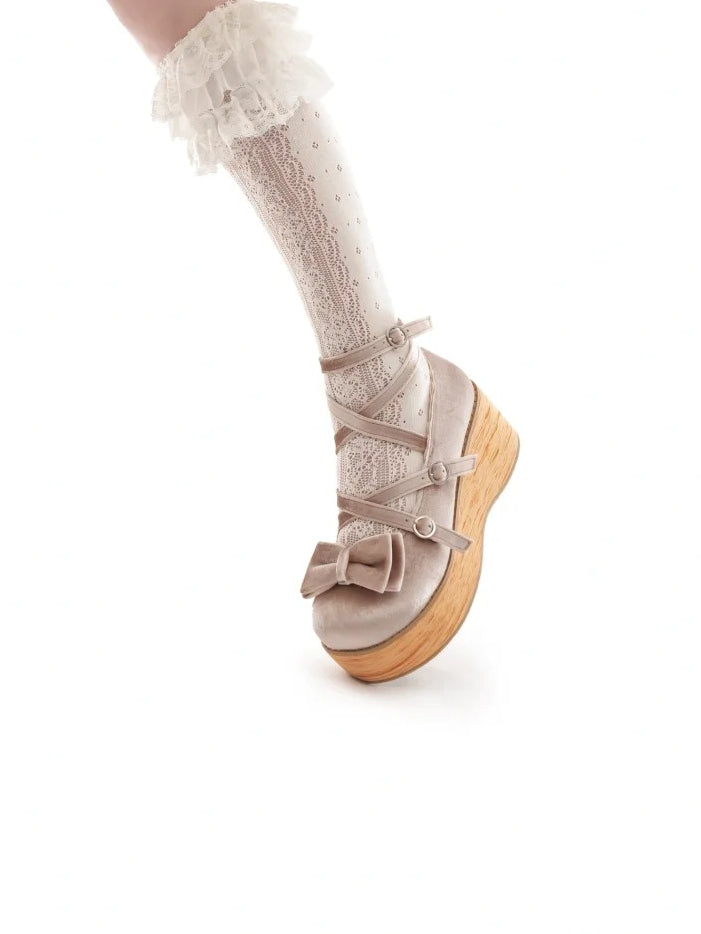 Heel with for Beige - Straps Janes Crossed Sweet Bow Platform Decor Lolita Mary
