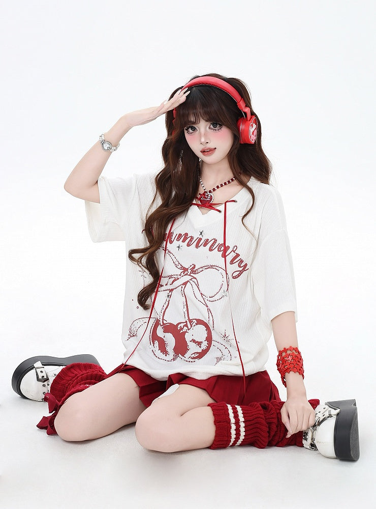 Print T-Shirt with V-Neck Lace-up Neckline Black/White Cherry Detail
