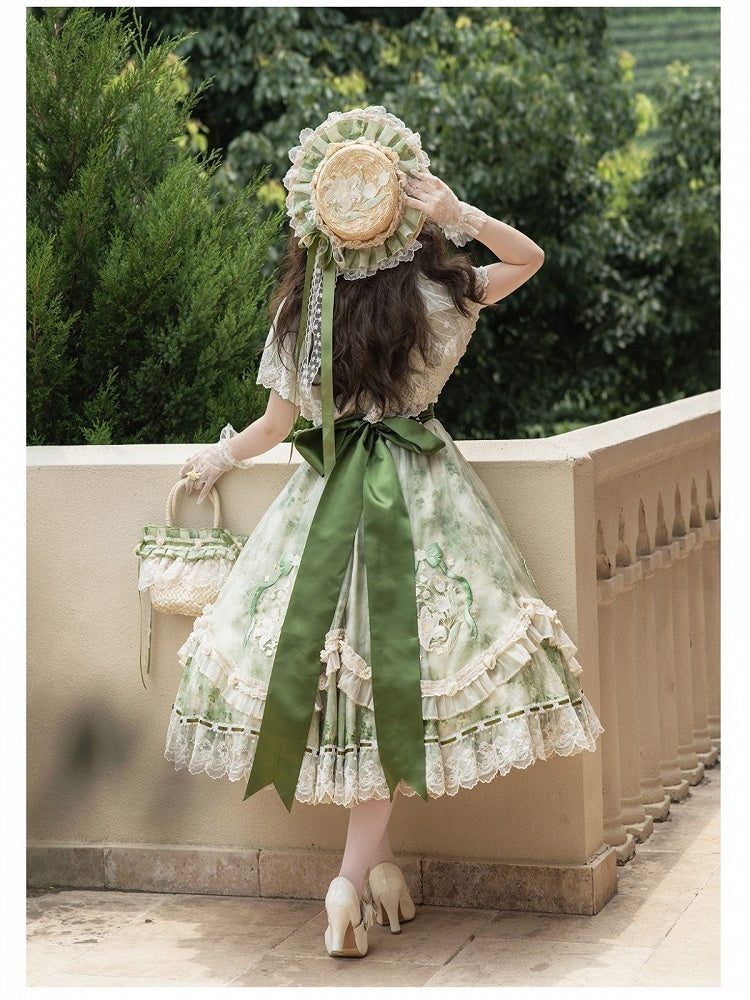 Green Lolita Long Dress Set with Flutter Sleeves & Embroidery - Lunar Radiance