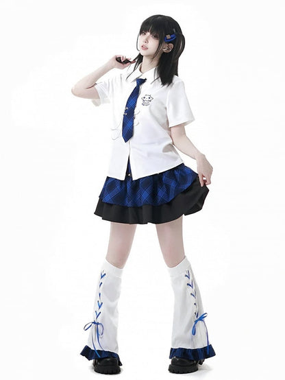 White Blue Plaid Hem Lace-up Detail Leg Warmers