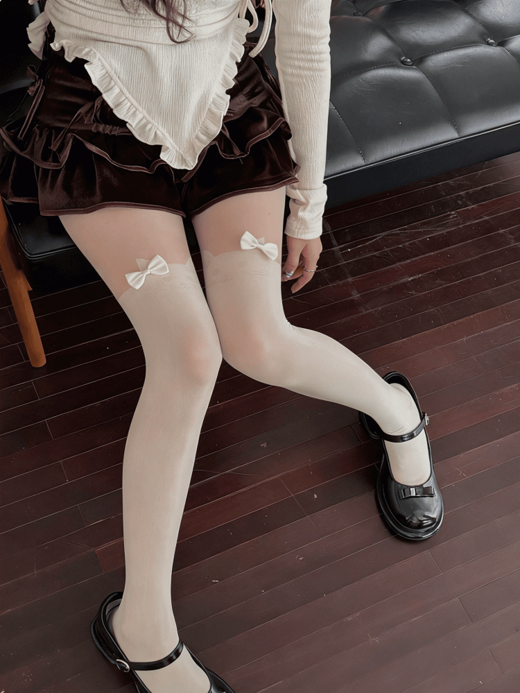 White/Black Tights Pattern Bow Sweet Cat With