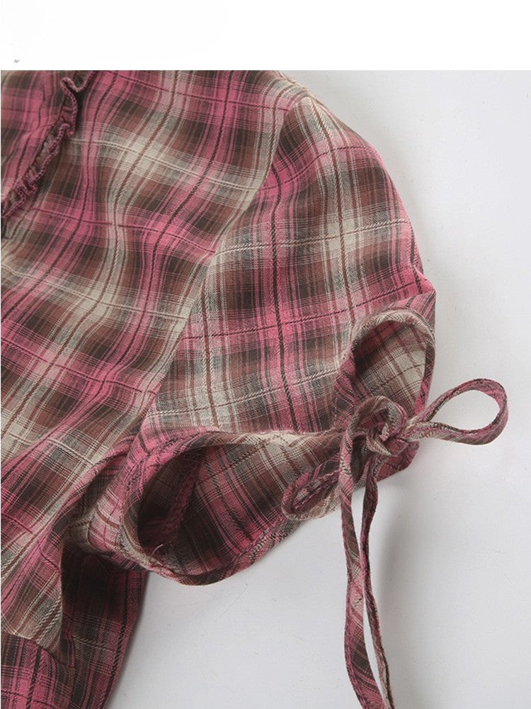 チェック柄袖フリルトリム柄シャツ Vネック Y2K ショートパンツ レッドブラウン