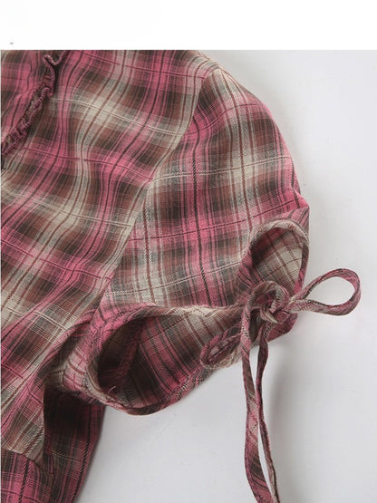 チェック柄袖フリルトリム柄シャツ Vネック Y2K ショートパンツ レッドブラウン