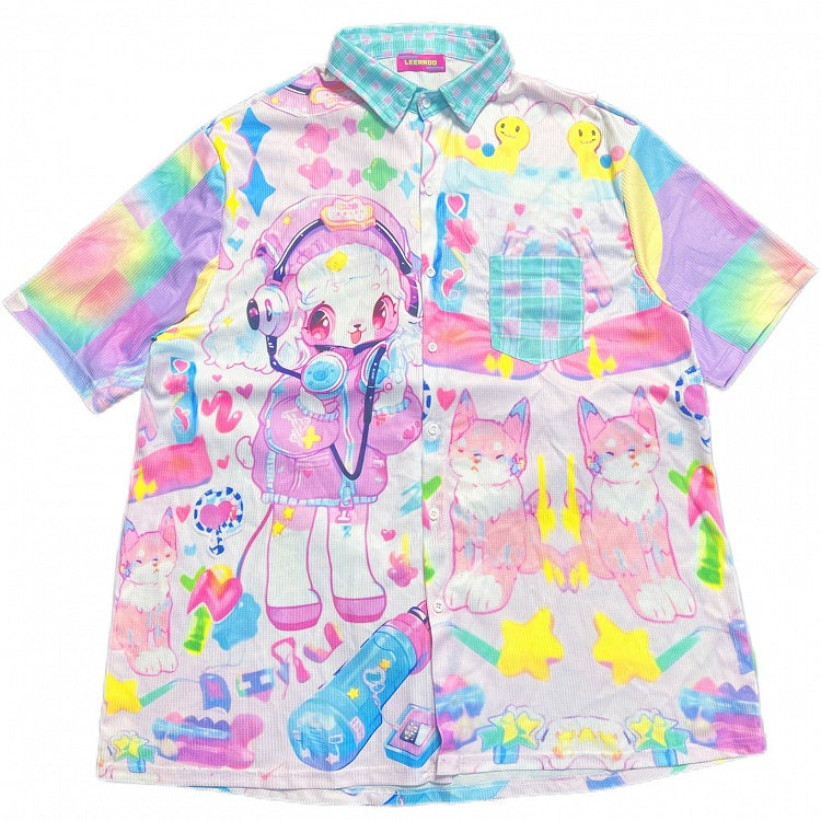 Plaid Blue Shirt Cartoon Print Pattern Light