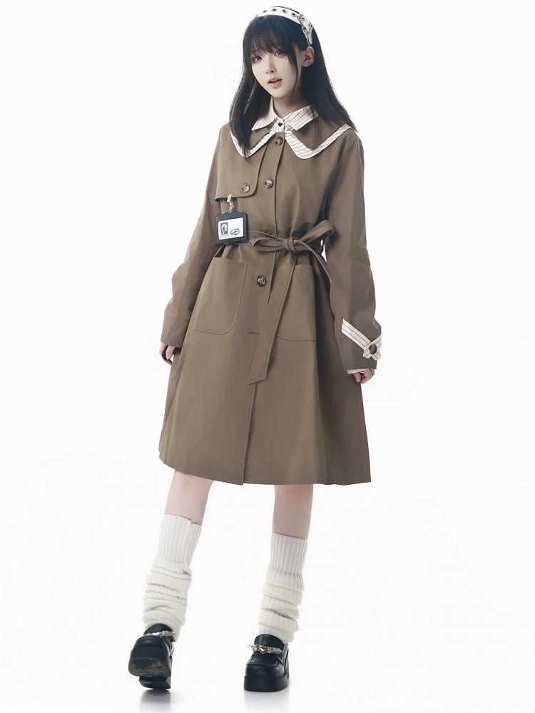 Fashion Brown Millard and Double with Waist Collar Coat Striped Long Sash