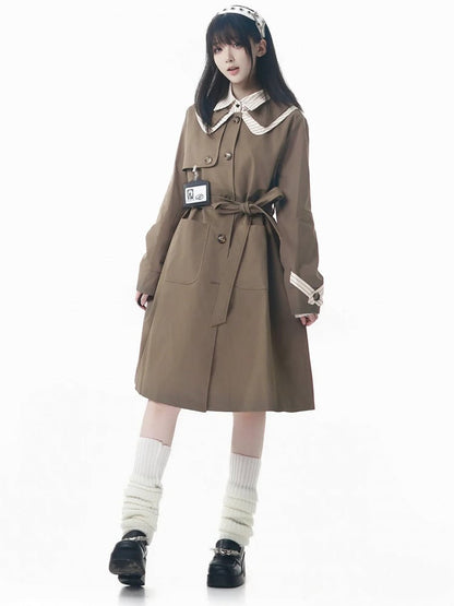 Fashion Brown Millard and Double with Waist Collar Coat Striped Long Sash