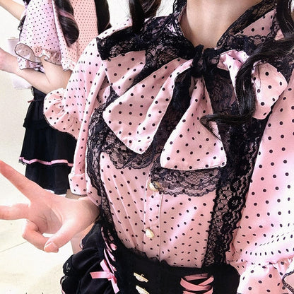 Chiffon Sleeve Polka-dot White/Black Cape Blouse: Jirai Kei