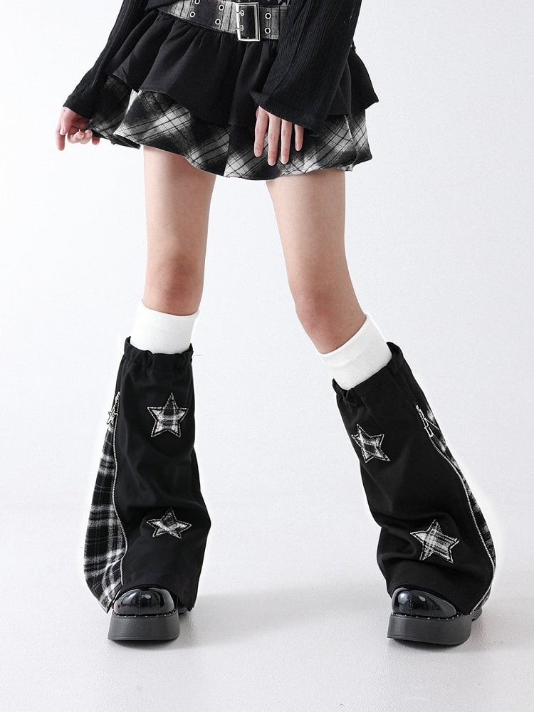 Black and White Y2K Plaid Leg Warmers with Star Decoration - Solost