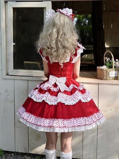 Crimson Cherry Polka-Dot Lace JSK with White Trim - Rosede Cheese