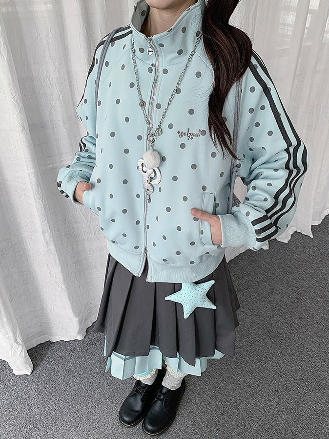 Blue Y2K Polka-Dot Zip-Up Jacket with Striped Accents & Stand Collar - Solkatt