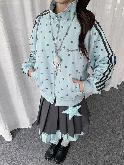 Blue Y2K Polka-Dot Zip-Up Jacket with Striped Accents & Stand Collar - Solkatt
