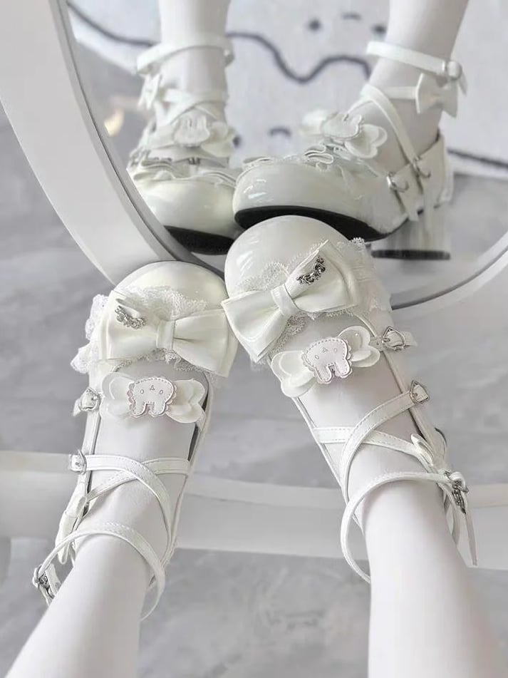Mid Mary White Accents Bow Rabbit - Sweet Janes PU with Lolita Theme Heel