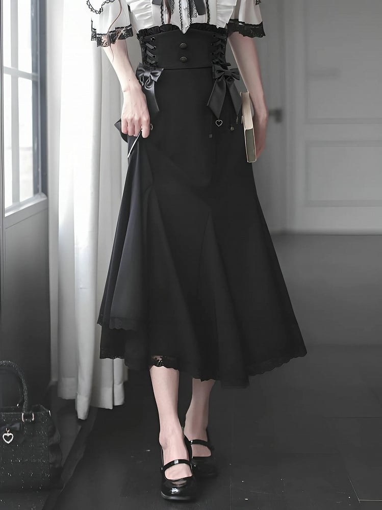 Lace Trim Black Waist Details Jirai at with Kei Lace-up Skirt Mermaid Side