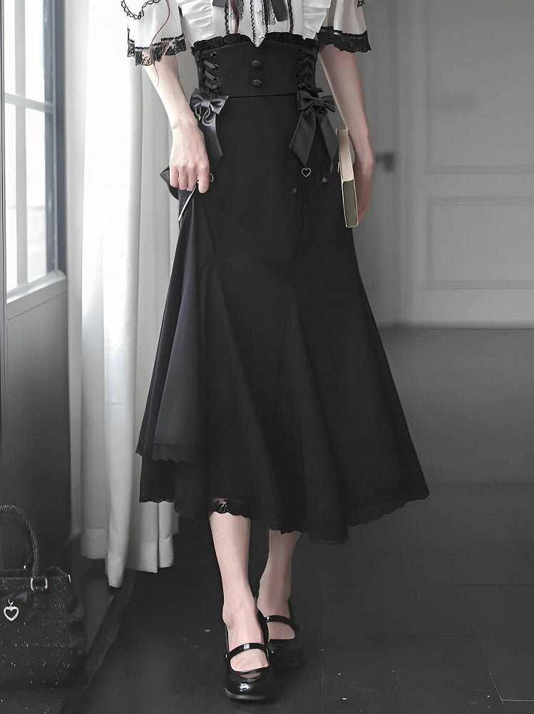 Black Jirai Kei Lace Mermaid Skirt with Side Lace-Up Waist - Walnut JK