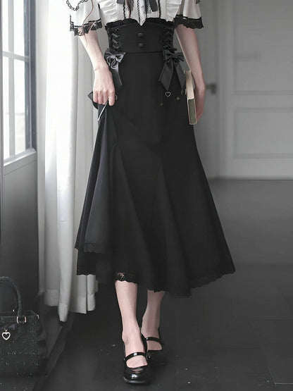 Black Jirai Kei Lace Mermaid Skirt with Side Lace-Up Waist - Walnut JK