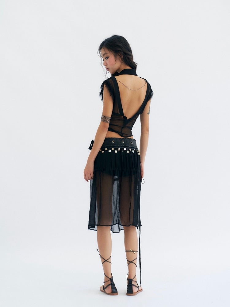 Sheer Black Fashion Irregular Punk Backless Trim With Top Sleeveless Mesh Ruffled