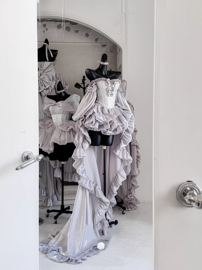 + Schnür-Ballettoberteil, komplettes Set, große Ärmel, Rock, Schleppe, Schleife, Korsett, silberfarben