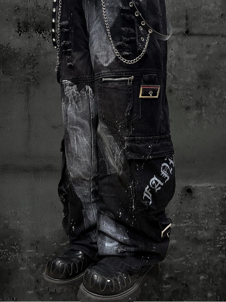 Design Cargo Black Pockets with Jeans Wide-leg Distressed
