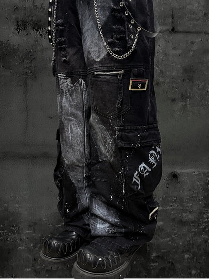 Design Cargo Black Pockets with Jeans Wide-leg Distressed