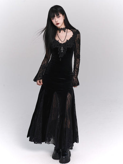 Black/Wine Red Gothic Lace Bell Sleeves Velvet Mermaid Dress