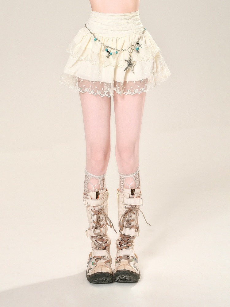 ウエストハイアプリコットスカートメッシュレーストリムグラマラスティアードミニ