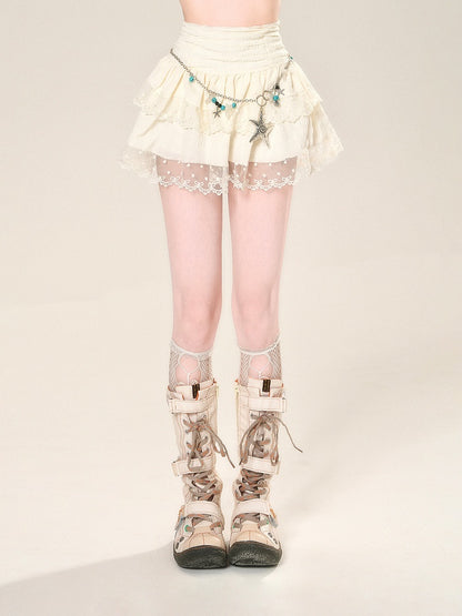 ウエストハイアプリコットスカートメッシュレーストリムグラマラスティアードミニ