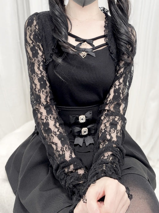 Jirai Kei Top mit Schleifen und Spitzenärmeln in Schwarz/Weiß