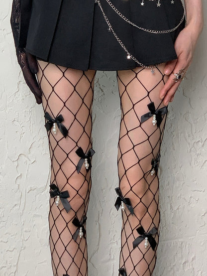 Charm Tights Bowknot Fishnet Details Black Y2K Beaded