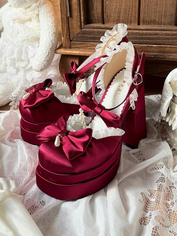 Wine Red Lolita Style Witch Diary Pearl Chain & Lace Bow Accent 12cm Heels - Witch's Night