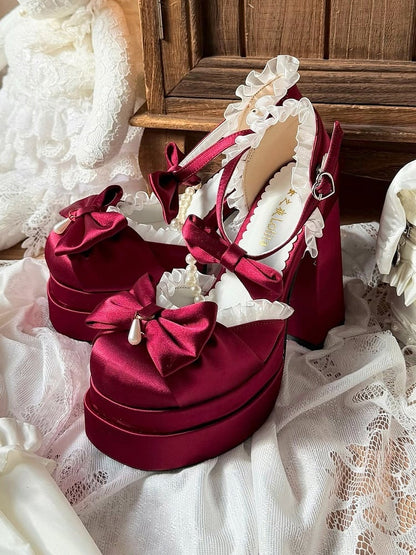 Wine Red Lolita Style Witch Diary Pearl Chain & Lace Bow Accent 12cm Heels - Witch's Night