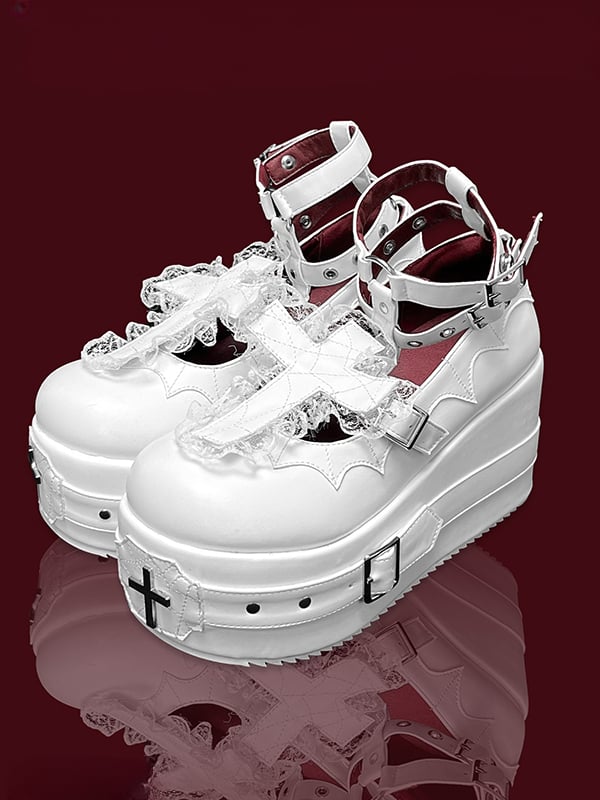 Matte White Gothic Lolita Lace Trim Cross Platform Shoes