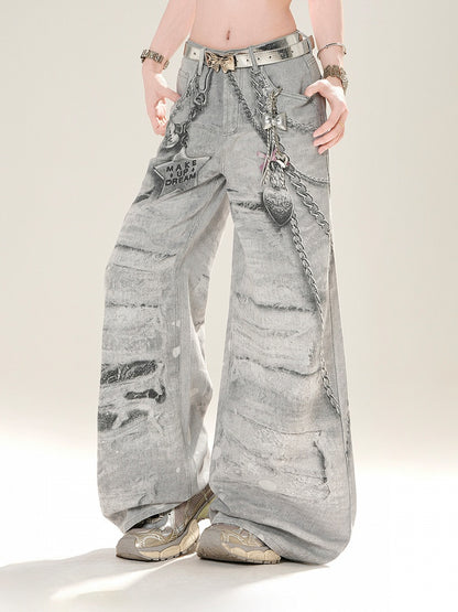 Graue Jeans mit weitem Bein und niedrigem Bund und Kettenmuster im Used-Look
