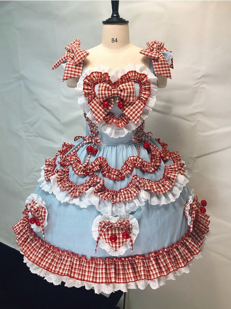 Scarlet and Navy Cherry Polka-Dot Lace JSK - Rosede Cheese
